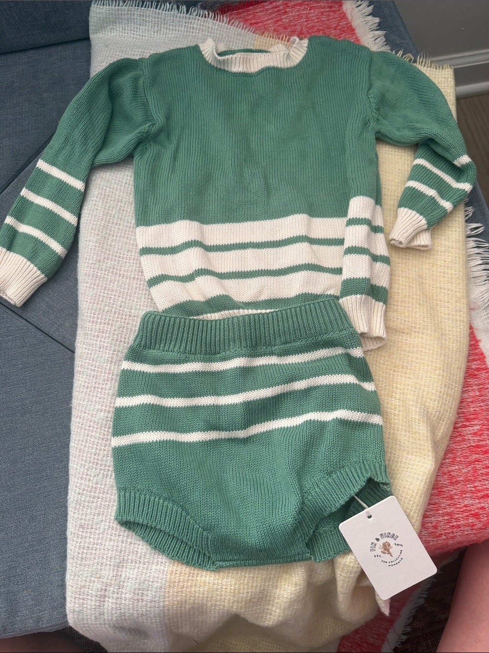 Striped Knit Diaper Cover & Top Set - Green & Cream